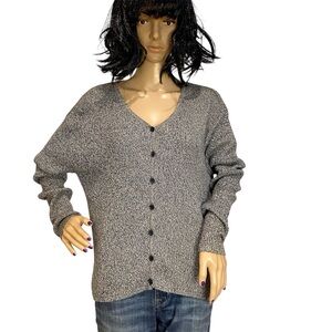 Erika V-Neck Black and White Marl Button-Up Sweater Cardigan Top Size Large VGC